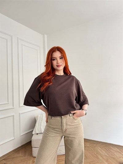 Oversize Dokulu T-shirt Kahve