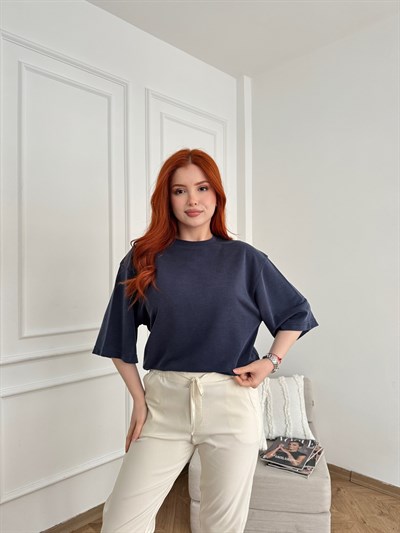 Oversize Dokulu T-shirt Lacivert