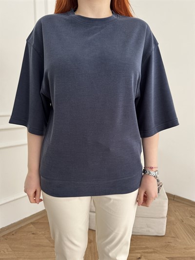 Oversize Dokulu T-shirt Lacivert