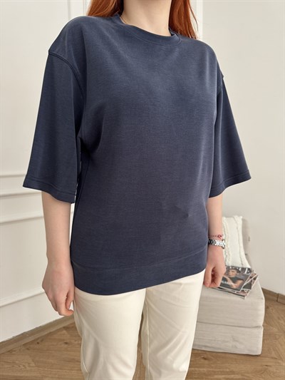 Oversize Dokulu T-shirt Lacivert