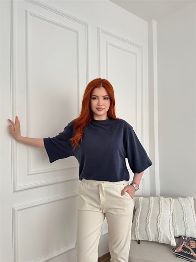 Oversize Dokulu T-shirt Lacivert