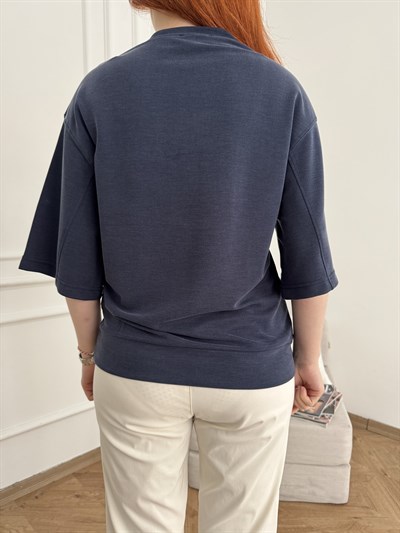 Oversize Dokulu T-shirt Lacivert