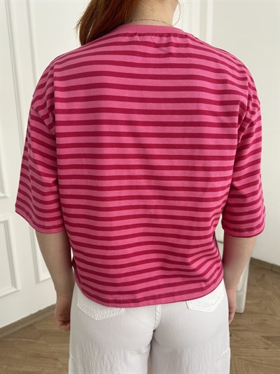 Oversize Fit Çizgili T-shirt Pembe-fuşya