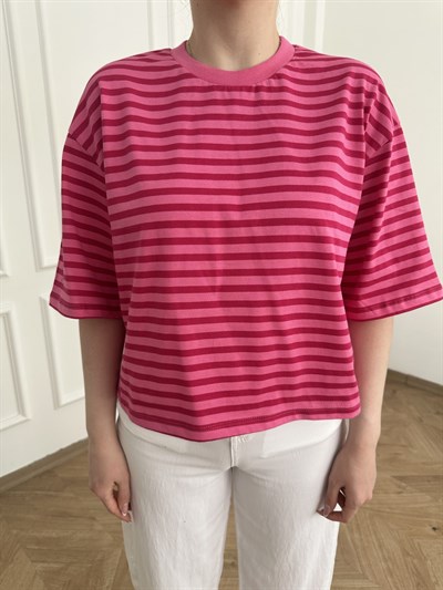 Oversize Fit Çizgili T-shirt Pembe-fuşya