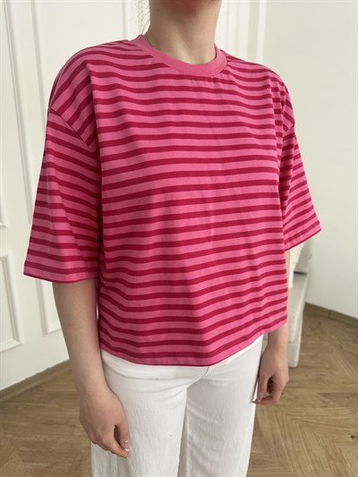 Oversize Fit Çizgili T-shirt Pembe-fuşya