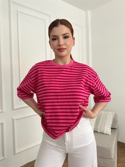 Oversize Fit Çizgili T-shirt Pembe-fuşya