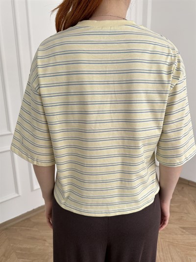 Oversize Fit Çizgili T-shirt Sarı-mavi