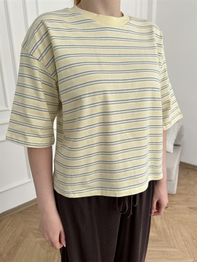 Oversize Fit Çizgili T-shirt Sarı-mavi