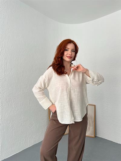 Oversize Keten Gömlek Ekru