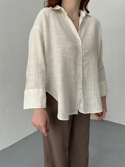 Oversize Keten Gömlek Ekru
