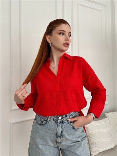 Oversize Keten Gömlek Kırmızı
