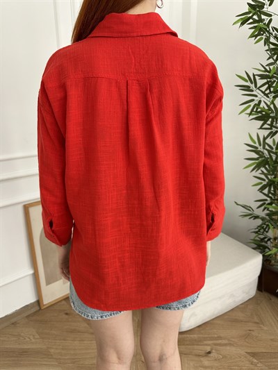 Oversize Keten Gömlek Kırmızı