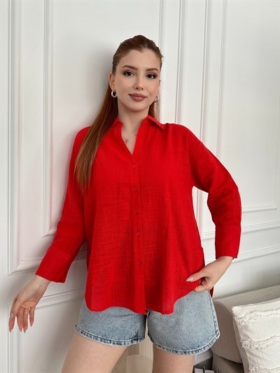 Oversize Keten Gömlek Kırmızı