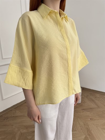 Oversize Kısa Kol Crop Gömlek Sarı