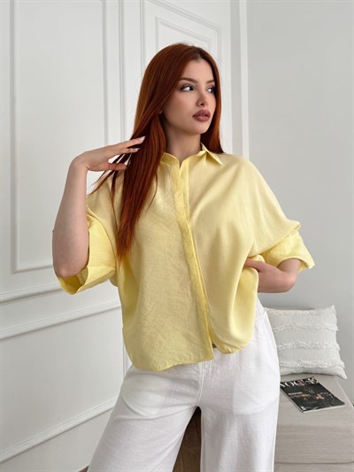 Oversize Kısa Kol Crop Gömlek Sarı