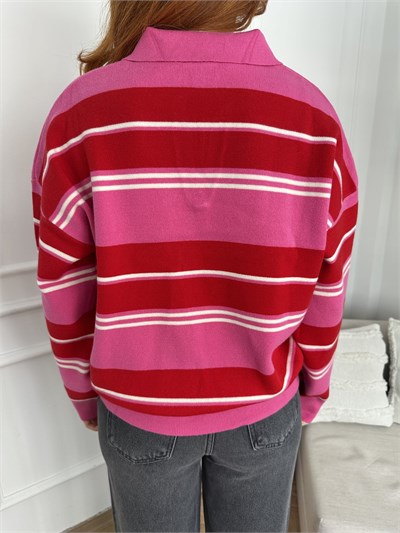 Oversize Polo Yaka Çizgili Triko Pembe