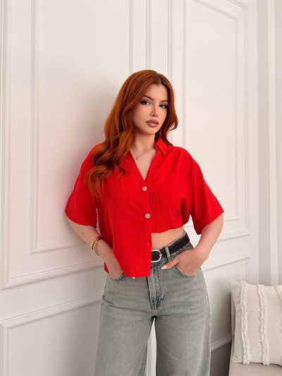 Oversize V Yaka Kraşlı Gömlek Mercan