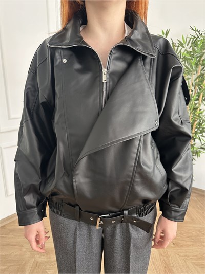 Oversize Yara Kol Deri Mont Siyah