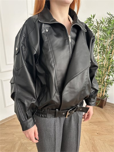 Oversize Yara Kol Deri Mont Siyah