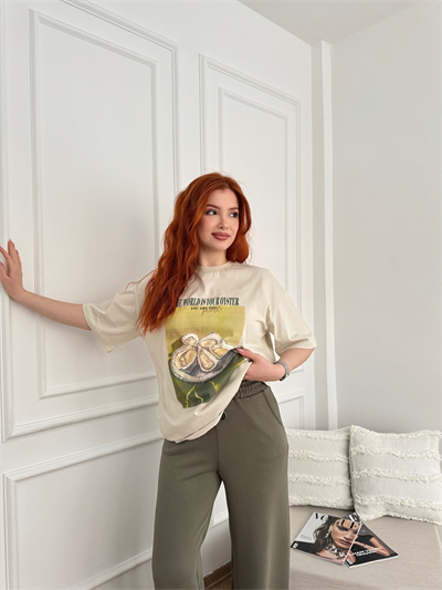 Oyster Baskılı Tişört Taş