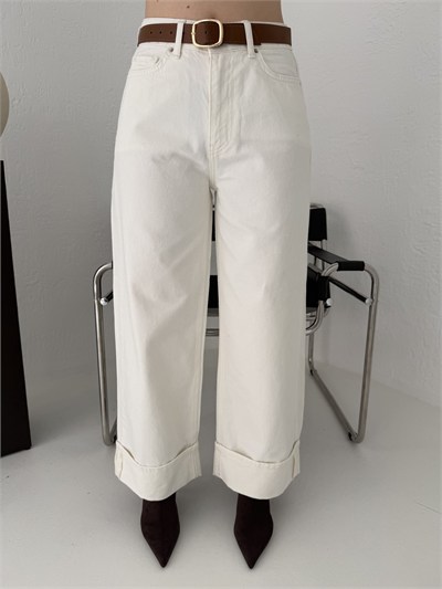 Paça Katlamalı Jean Pantolon Ekru