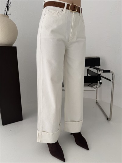 Paça Katlamalı Jean Pantolon Ekru