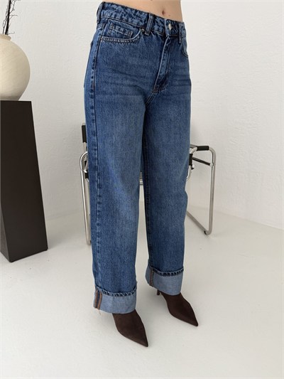 Paça Katlamalı Jean Pantolon Koyu mavi