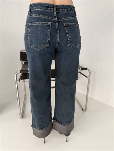 Paça Katlamalı Likralı Jean Pantolon Lacivert