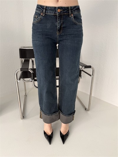 Paça Katlamalı Likralı Jean Pantolon Lacivert