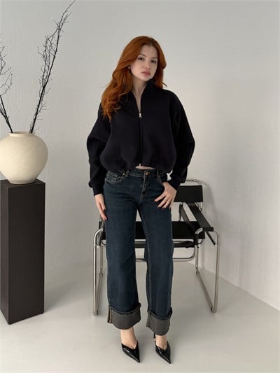 Paça Katlamalı Likralı Jean Pantolon Lacivert