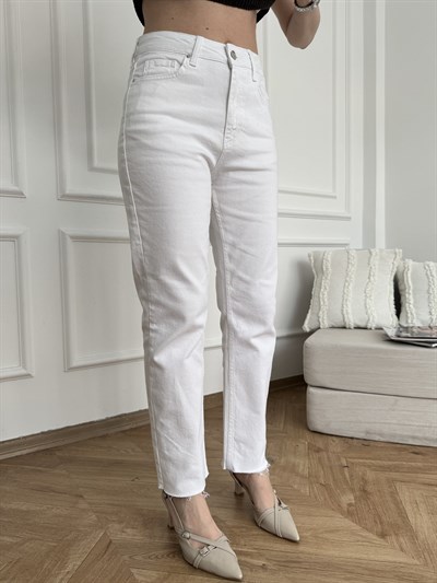 Paça Kesik Mom Fit Pantolon 50 beyaz