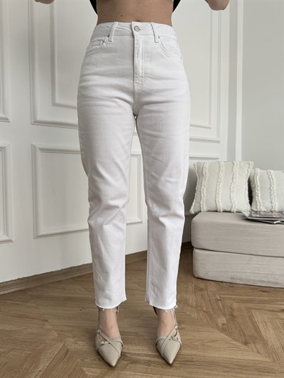 Paça Kesik Mom Fit Pantolon 50 beyaz