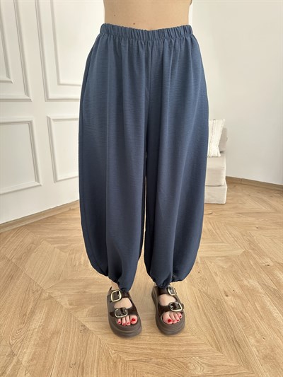 Paça Lastikli Keten Görünümlü Şalvar Pantolon Lacivert