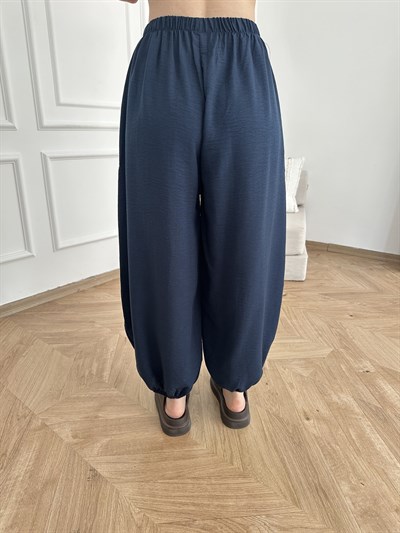 Paça Lastikli Keten Görünümlü Şalvar Pantolon Lacivert