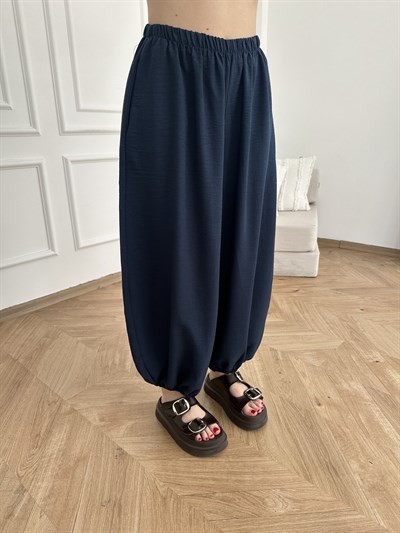 Paça Lastikli Keten Görünümlü Şalvar Pantolon Lacivert