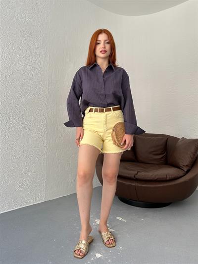 Paça Püsküllü Kemerli Şort Sarı