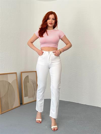 Paçası Dikişsiz Mom Pantolon 50 beyaz