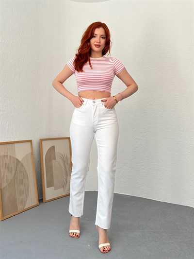 Paçası Dikişsiz Mom Pantolon 50 beyaz