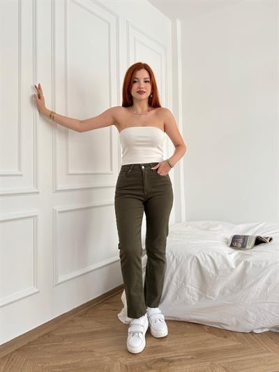 Paçası Dikişsiz Mom Pantolon 67 haki