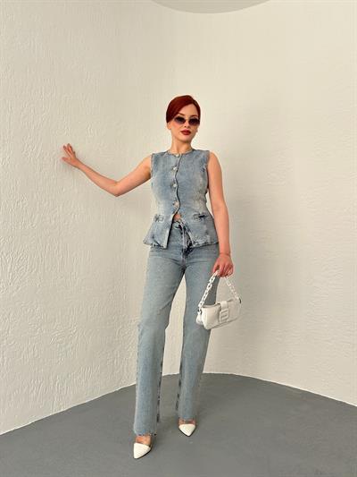 Paçası Dikişsiz Yıpratmalı Jean 14 açık mavi