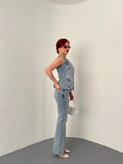 Paçası Dikişsiz Yıpratmalı Jean 14 açık mavi