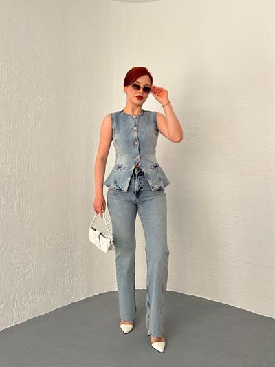 Paçası Dikişsiz Yıpratmalı Jean 14 açık mavi