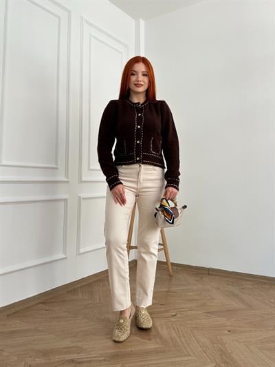 Paçası Kesik Likralı Jean Pantolon Vanilya