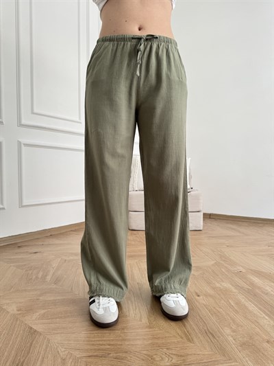 Paçası Püsküllü Relax Pantolon Açık haki