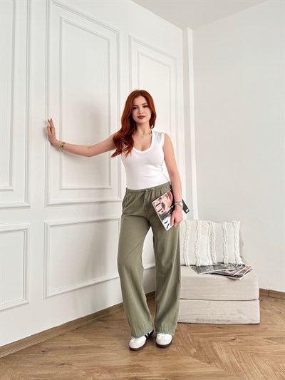 Paçası Püsküllü Relax Pantolon Açık haki