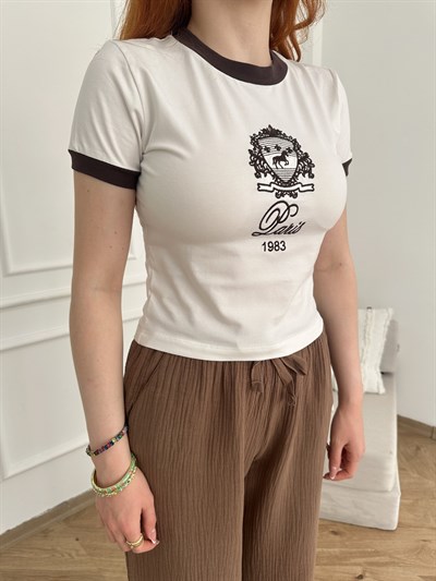 Paris 1983 Nakışlı Crop T-shirt Ekru