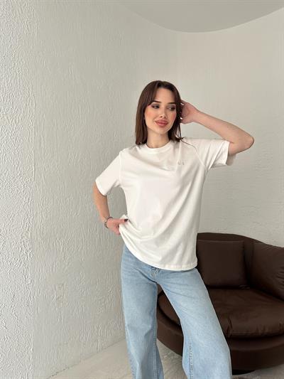 Parlak Yazılı Tişört Ekru