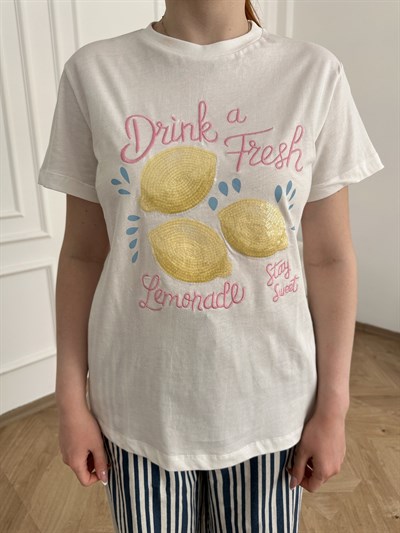 Payetli Limon Nakışlı T-shirt Ekru