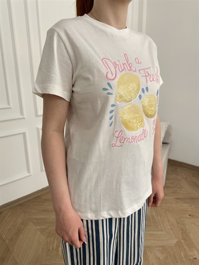 Payetli Limon Nakışlı T-shirt Ekru