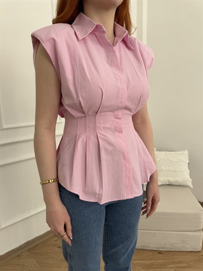 Pens Detaylı Vatlkalı Kolsuz Gömlek Pembe